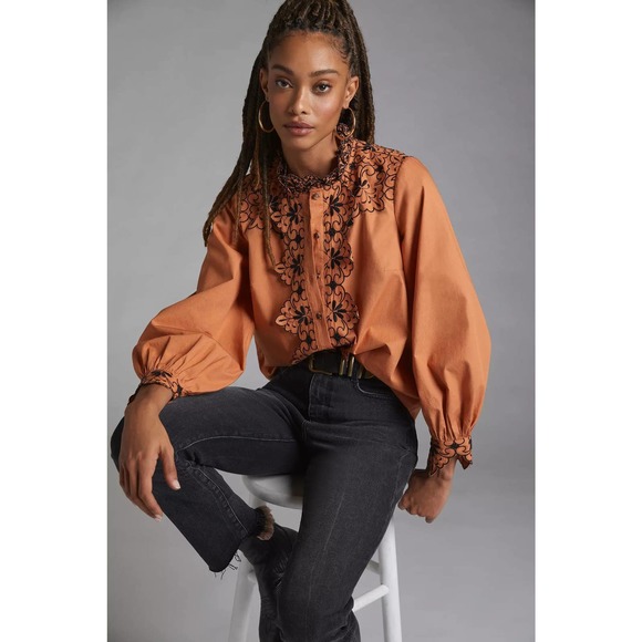 Anthropologie Tops - New Anthropologie Scalloped Embroidered Buttondown $120 SIZE 2  Honey